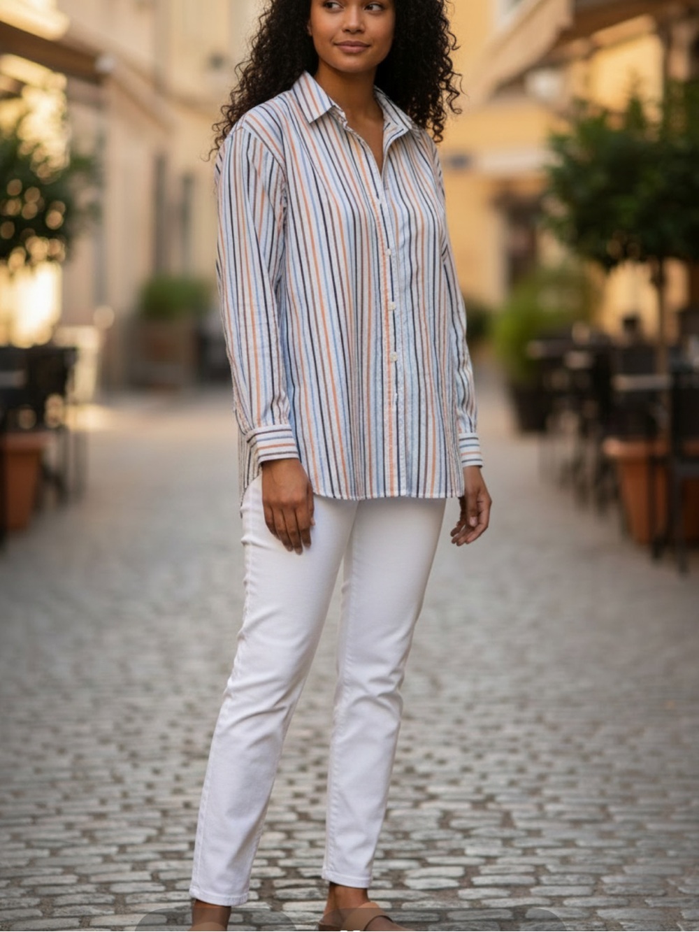 SHIRTY. Multi-Colored Striped Longline Tunic Button Down Top Size M/L